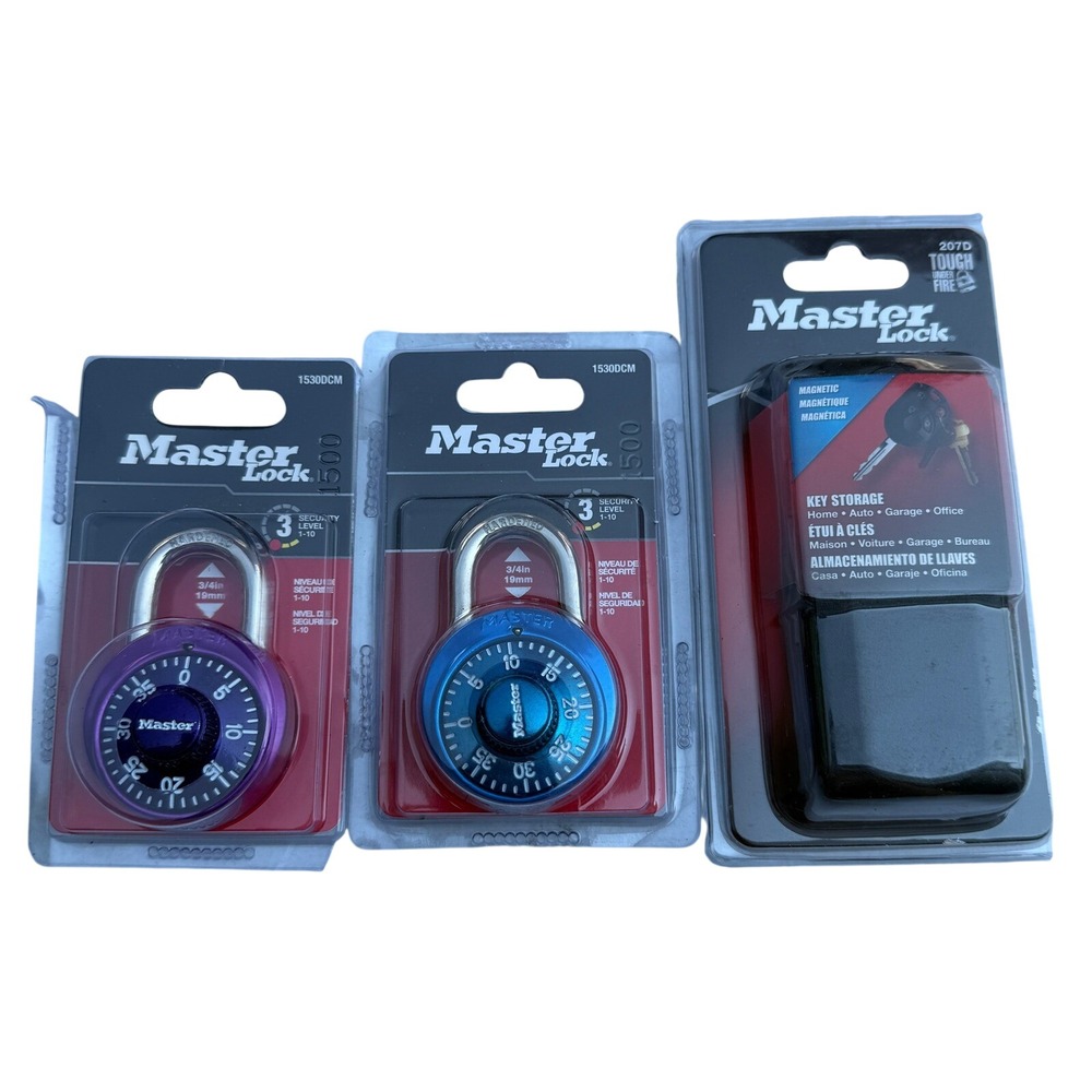 NEW Lot of 3 Master Lock Combination Padlock 1530DCM, 207D Magnetic Key Holder